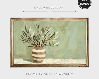 Frame Tv Art Olive Branch Vase Painting, Vintage Still Life Art Digital Download for Tv, Neutral Tone Painting, Summer Frame Tv Art | TV126