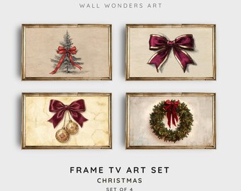 Puede incluir: Conjunto de cuatro impresiones artísticas navideñas enmarcadas. Cada impresión presenta un diseño festivo: un árbol de Navidad con un lazo rojo, un lazo burdeos, un lazo con adornos y una corona con un lazo rojo. El texto "WALL WONDERS ART" y "FRAME TV ART SET CHRISTMAS SET OF 4" es visible.
