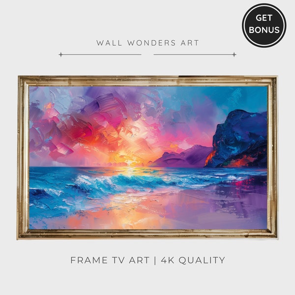 Sunset Beach Frame Tv Art, Abstract Ocean Waves Painting Digital Download for Tv, Summer Frame Tv, Seascape Art Tv Screensaver | TV63