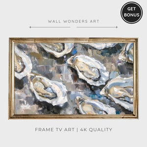May include: A framed painting of a cluster of oysters on a textured background. The oysters are painted in shades of gray, white, and beige, with hints of blue and green. The frame is a simple gold color.