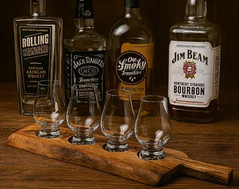 Tabla de vuelo de madera con borde natural para vasos de whisky, accesorio rústico para bar en casa