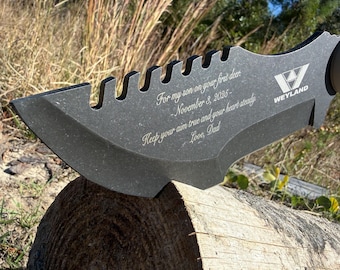 Custom Engraved Tracker Knife • Full Tang Survival Blade with Leather Sheath