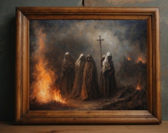 Witchy Oil Painting of Trial of the Witches | Dark Gothic Art | Moody Digital Art | Horror Art | Rustic Oil Painting | Dark Academia Art