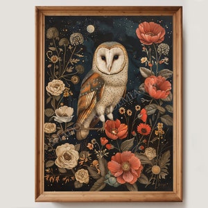 Botanical Celestial Owl Print | Vintage Moody Cottagecore | Woodland Animal Wall Art | Dark Academia Aesthetic | Digital Download