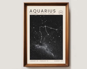 Lámina minimalista del zodiaco Acuario / Lámina del horóscopo / Arte mural de constelaciones / Regalo astrológico / Arte digital / Regalo de febrero