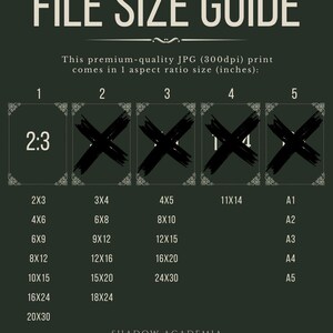 May include: A green and white chart with the text "FILE SIZE GUIDE" and a table listing different print sizes in inches and their corresponding paper sizes. The chart also includes the text "SHADOW ACADEMIA prints" and "WHERE EVERY PIECE TELLS A PECULIAR STORY".