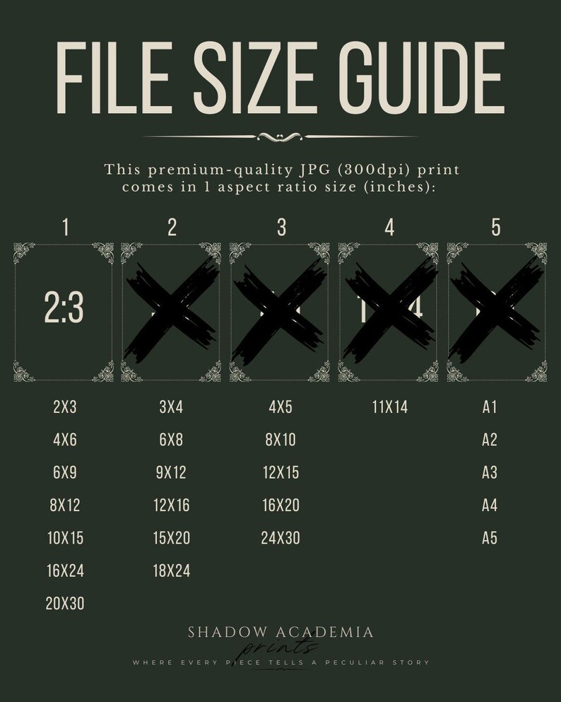 May include: A green and white chart with the text "FILE SIZE GUIDE" and a table listing different print sizes in inches and their corresponding paper sizes. The chart also includes the text "SHADOW ACADEMIA prints" and "WHERE EVERY PIECE TELLS A PECULIAR STORY".