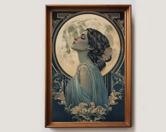 Ethereal Art Nouveau Moon Goddess Poster | Art Nouveau Print | New Art Nouveau | Witchy Decor | Printable Art | Celestial Art | Vintage Art