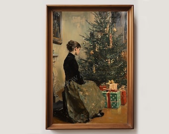 Antique Christmas Art Print | Christmas Wall Decor | Antique Christmas Painting | Dark Academia Painting | Christmas Tree Print