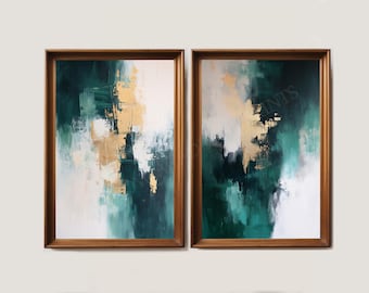 May include: Two framed abstract paintings. Each features a blend of emerald green, white, and gold brushstrokes. The artwork is encased in a warm, wooden frame, creating a modern and elegant aesthetic.