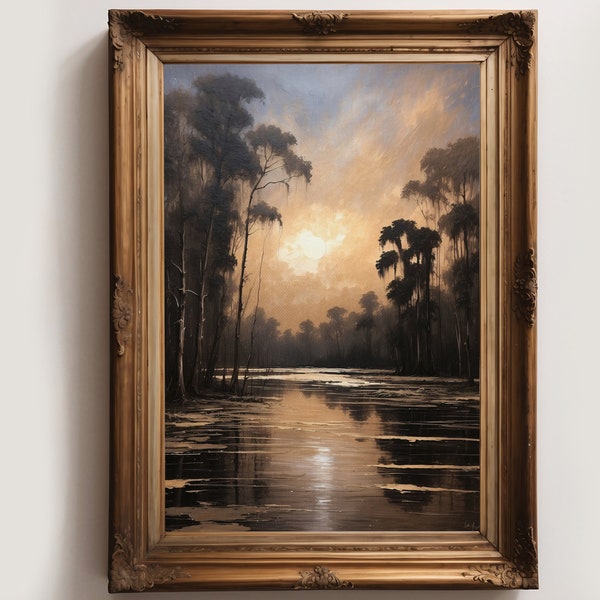 Rustic Oil Painting Atchafalaya Basin, Louisiana | Moody Wall Decor | Farmhouse Decor | Vintage Art