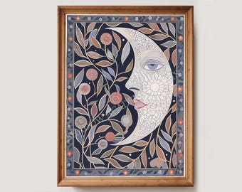Moon Art Print | Spiritual Art | Boho Decoration | Moon and Flowers Art | Tarot Art | Witchy Art | Whimsigoth Wall Art | Mystical Art