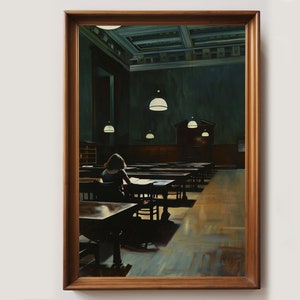 May include: A painting depicting a woman seated at a desk in a library, engrossed in a book. The library is dimly lit with several lamps suspended from the ceiling. The woman is wearing a blue shirt and has her back to the viewer. The painting is framed in a wooden frame.