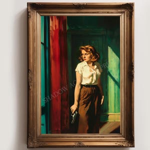 May include: A painting of a woman standing in a doorway, holding a gun. She is wearing a white shirt and brown trousers. The background is a green and red room.