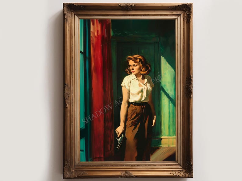 May include: A painting of a woman standing in a doorway, holding a gun. She is wearing a white shirt and brown trousers. The background is a green and red room.