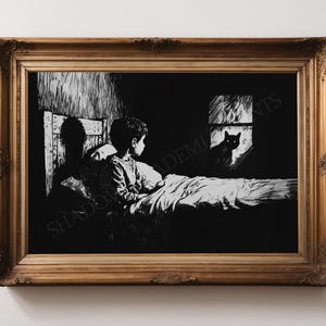 Impressão de arte assustadora "Menino e um gato" | Decoração de Halloween neutra escura | Pôster de terror vintage | Pôster assustador retrô | Arte escura em preto e branco