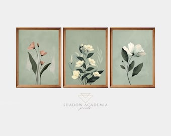 Sage Green Minimal Flower Painting Wall Art Set | Flower Print Set of 3 | Minimal Botanical Painting | Boho Green Art | Neutral Flower Art
