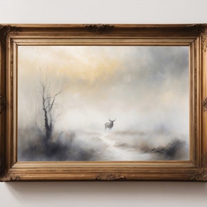 Vintage Oil Painting of a Winter Elk | Moody Wall Decor | Farmhouse Decor | Neutral and Minimal Painting | Digital Print | Nature Painting