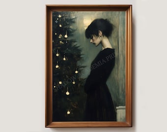 Moody Vintage Christmas Art Print | Dark Christmas Decor | Antique Christmas Woman Painting | Witchy Vibes | Dark Academia | Gothic Decor