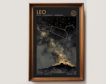 Könnte beinhalten: Gerahmter Kunstdruck mit dem Sternzeichen Löwe. Das Kunstwerk zeigt die Konstellation in Gold vor einem dunklen, sternenübersäten Hintergrund. Der Text enthält "LEO" und zugehörige Eigenschaften. Der Rahmen ist warmbraun.