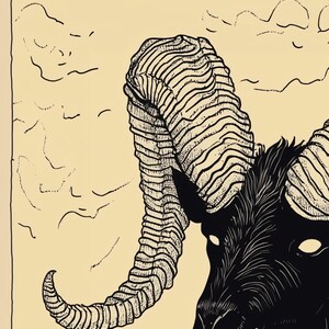 May include: Black and white line art illustration of a goat's head with large, curled horns. The background is a light beige with a cloud-like pattern. The text "ALTIORA ASCENDI" is at the top of the image.