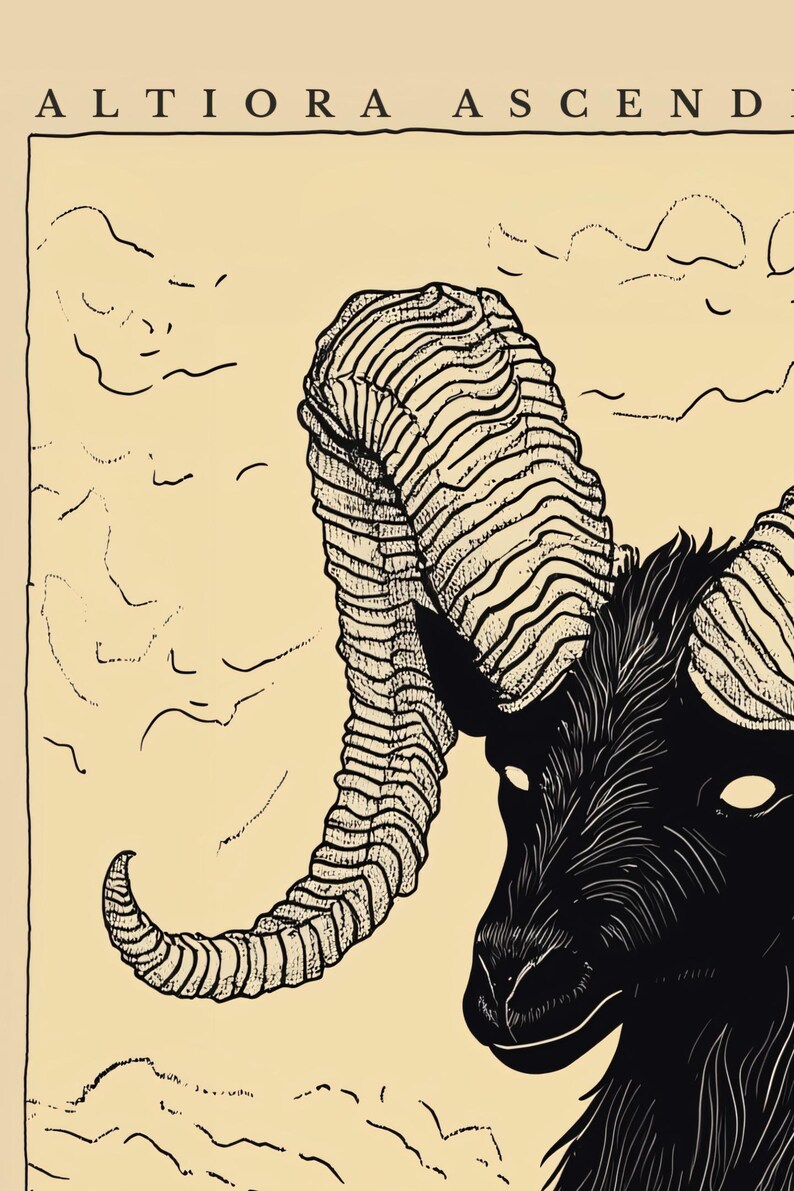May include: Black and white line art illustration of a goat's head with large, curled horns. The background is a light beige with a cloud-like pattern. The text "ALTIORA ASCENDI" is at the top of the image.