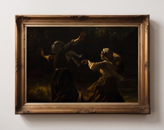 Pintura al óleo antigua de brujas danzantes / Arte oscuro / Decoración gótica del hogar / Estética de la academia oscura / Pintura mural de brujas / Arte vintage melancólico
