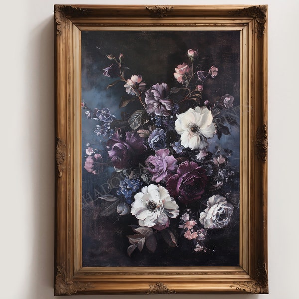 Antique Oil Painting of Purple Moody Flowers | Dark Academia Print | Whimsigoth Decor | Moody Wall Art | Gothic Painting | Dark Cottagecore
