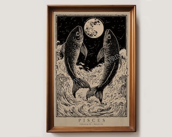Stampa artistica vintage dello zodiaco Pesci / Poster dello zodiaco / Stampa astrologica / Regalo di compleanno di marzo / Arte Pesci / Arredamento per la casa Pesci / Poster del segno zodiacale
