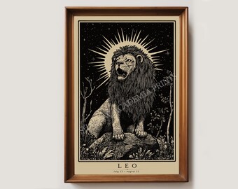 Vintage Lejonet Zodiac Art Print | Astrologi Poster | Födelsedagspresent till augusti | Väggkonst för Lejonet | Heminredning för Lejonet | Zodiac Poster | Stjärntecken Poster