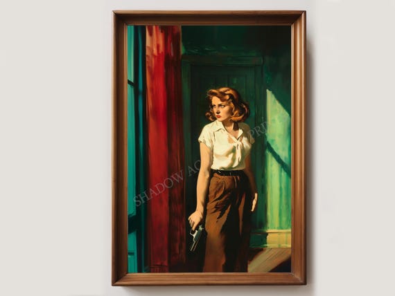 Woman With A Gun | Dark Moody Wall Art | Vintage Woman Portrait | American Realism | Vintage Art | Retro Painting | Femme Fatale Wall Decor