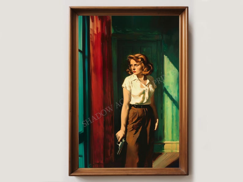 May include: A framed painting depicting a woman in a white blouse and brown trousers standing in a doorway. She is holding a gun in her right hand. The painting has a green and red background.