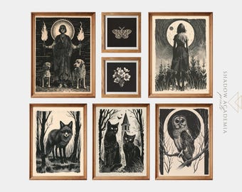 Set van 7 heksenretroprints, Dark Academia-afdrukken, gotische afdrukbare galerijmuurkunst, Dark Cottagecore, digitale download, occulte poster