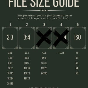 K&ouml;nnte beinhalten: Eine gr&uuml;ne Tabelle mit dem Text "FILE SIZE GUIDE" oben. Die Tabelle zeigt verschiedene Druckgr&ouml;&szlig;en in Zoll und die entsprechenden ISO-Papiergr&ouml;&szlig;en. Die Tabelle ist in drei Abschnitte unterteilt: 2:3, 3:4 und ISO. Die Tabelle ist f&uuml;r hochwertige JPG-Drucke mit 300 dpi.