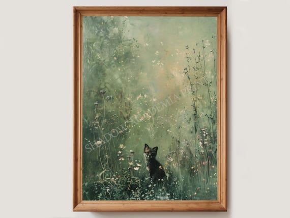 Sage Green Antique Fox Painting | Moody Botanical Nature Art | Dark Academia | Wildflower Painting | Vintage Fox Painting Witchy Wall Decor