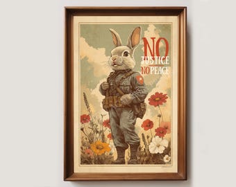 Retro poster konijntje No Justice No Peace | Mensenrechten | Linkse kunstafdruk | Socialistische poster | Eet de rijken | Activistenposter | Progressief