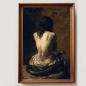 Lilith und Schlange Vintage Kunstdruck | Dark Academia Dekor | Antike Malerei | Gothic Poster | Klassische dunkle Kunst | Stimmungsvoller Druck | Hexenkunst