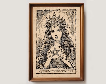 Queen of Pentacles Vintage Tarot Art Print | Dark Academia Decor | Goth Wall Decor | Witchy Occult Poster