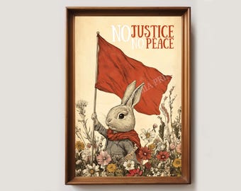 Retro poster konijntje No Justice No Peace | Mensenrechten | Linkse kunstafdruk | Socialistische poster | Eet de rijken | Activistenposter | Progressief