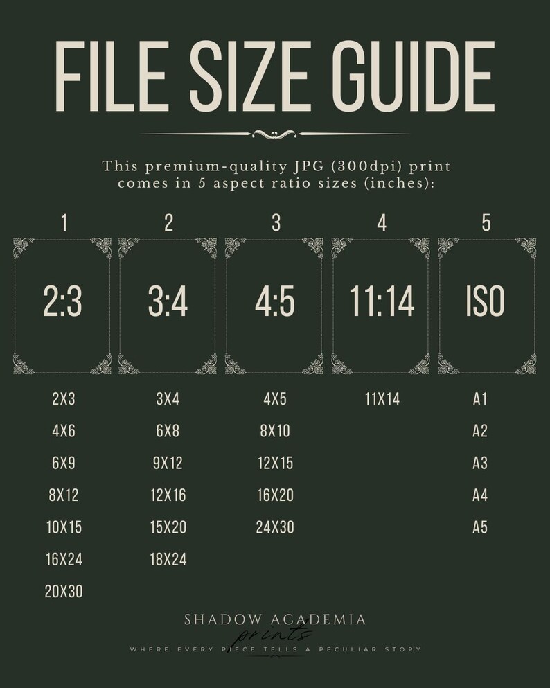 May include: A green chart with a white border outlining a file size guide for digital prints. The chart lists five aspect ratios: 2:3, 3:4, 4:5, 11:14, and ISO. Each aspect ratio has a corresponding list of print sizes in inches, ranging from 2x3 to 20x30. The chart also includes standard paper sizes: A1, A2, A3, A4, and A5.