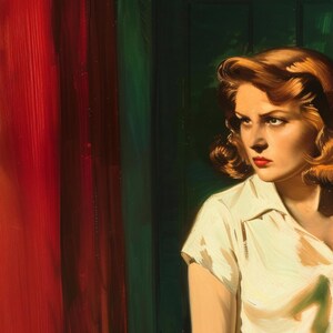 May include: A woman with red hair and a white shirt stands in a doorway with a red wall on the left and a green door on the right. She is looking to the left of the image.