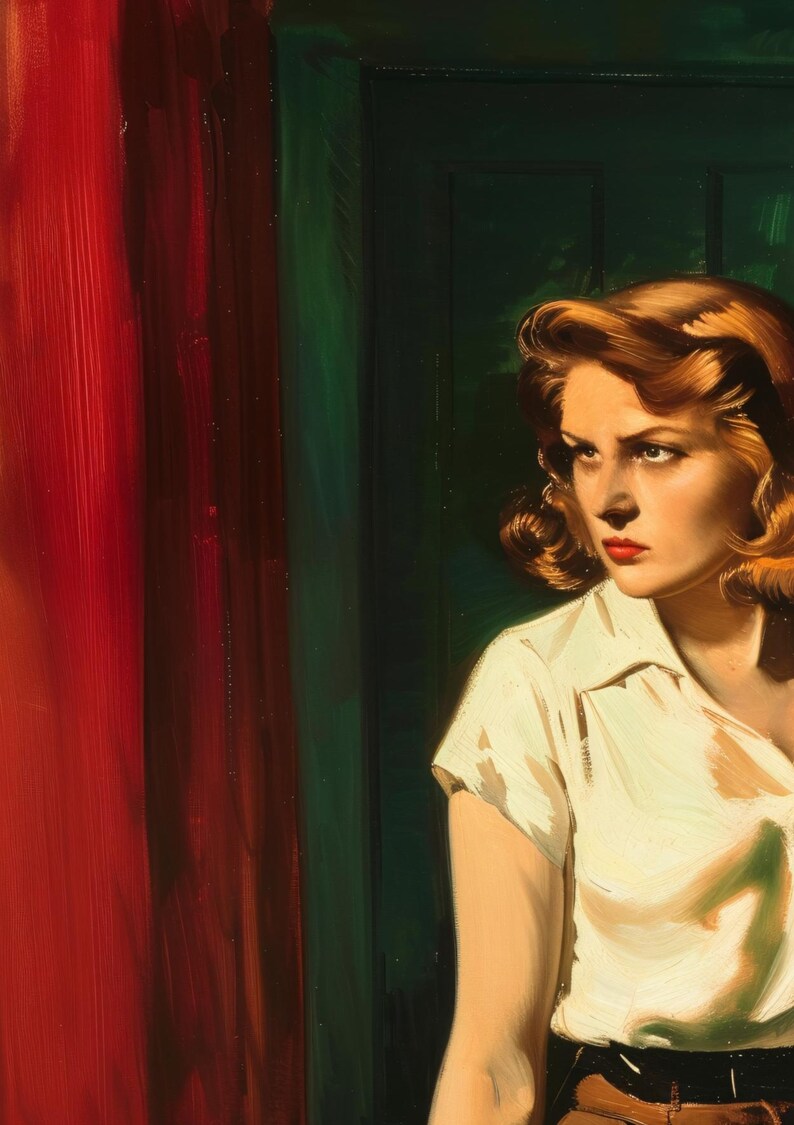 May include: A woman with red hair and a white shirt stands in a doorway with a red wall on the left and a green door on the right. She is looking to the left of the image.