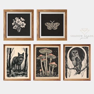 Set of 5 Moody Retro Nature Prints, Dark Academia Prints, Gothic Printable Gallery Wall Art, Dark Cottagecore, Digital Download, Fox Print