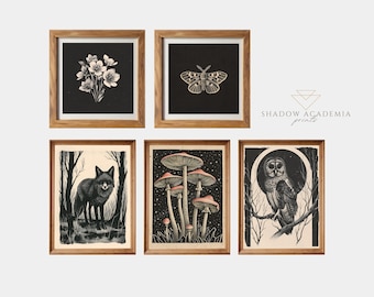 Set of 5 Moody Retro Nature Prints, Dark Academia Prints, Gothic Printable Gallery Wall Art, Dark Cottagecore, Digital Download, Fox Print