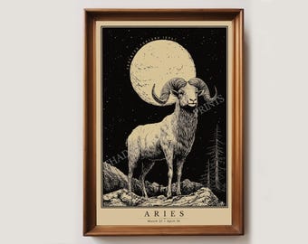 Vintage Vädurens stjärnteckenkonsttryck | Astrologitryck | Födelsedagspresent till april | Väggkonst för Väduren | Heminredning för Väduren | Stjärnteckenaffisch, stjärnteckenaffisch