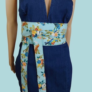 Reversible Obi Belt: Handmade Cotton Floral Bird Print Waist Wrap