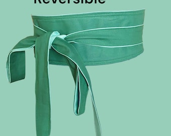 Cinturón Obi reversible: tejido de algodón verde bosque y cian claro hecho a mano