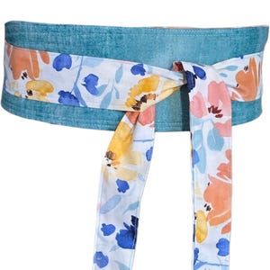 Reversible Floral Watercolor Obi Belt: Handmade Cotton Wrap Belt