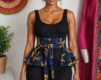 Cinturón peplum con estampado africano hecho a mano, faja reversible con detalle floral.