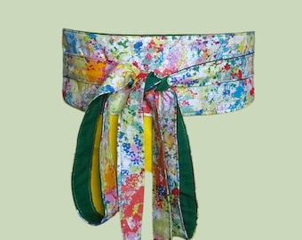 Reversible Obi Belt: Green & Multicolor Paint Splatter, Handmade Cotton Wrap